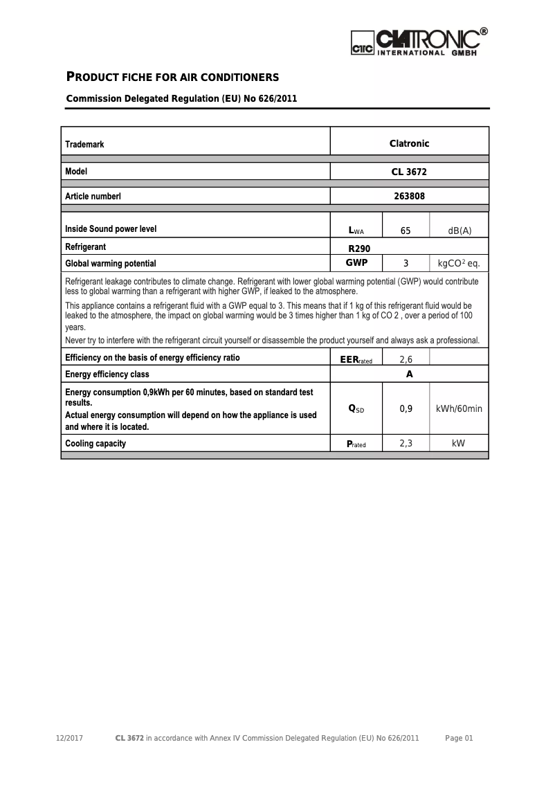 Page 1 de la notice Fiche technique Clatronic CL 3672