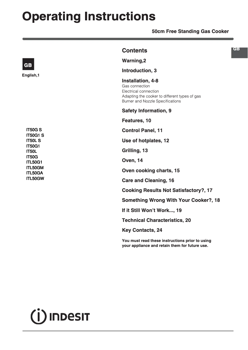 Page 1 de la notice Mode d'emploi Indesit IT50GW