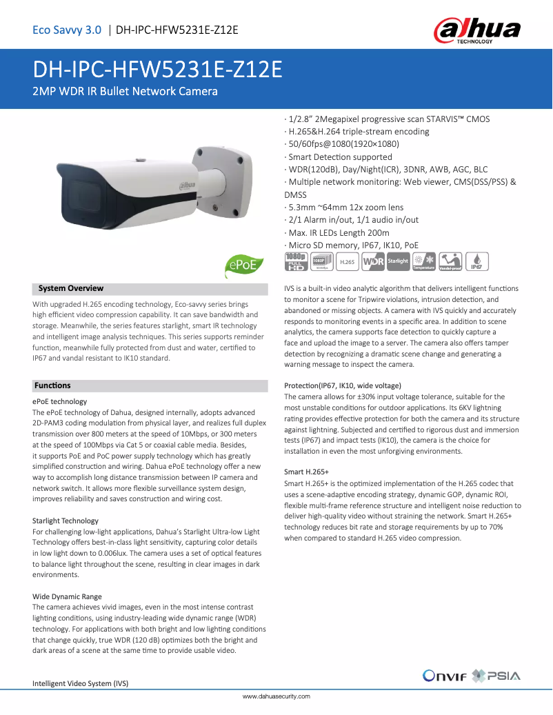Page 1 de la notice Fiche technique Dahua Technology IPC-HFW5231E-Z12E