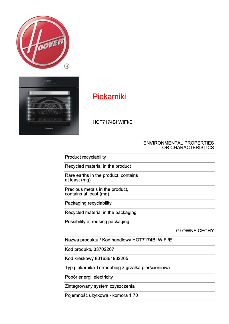 Page n°1 - Fiche technique Hoover H-OVEN 300 PLUS HOT7174BI WIFI/E