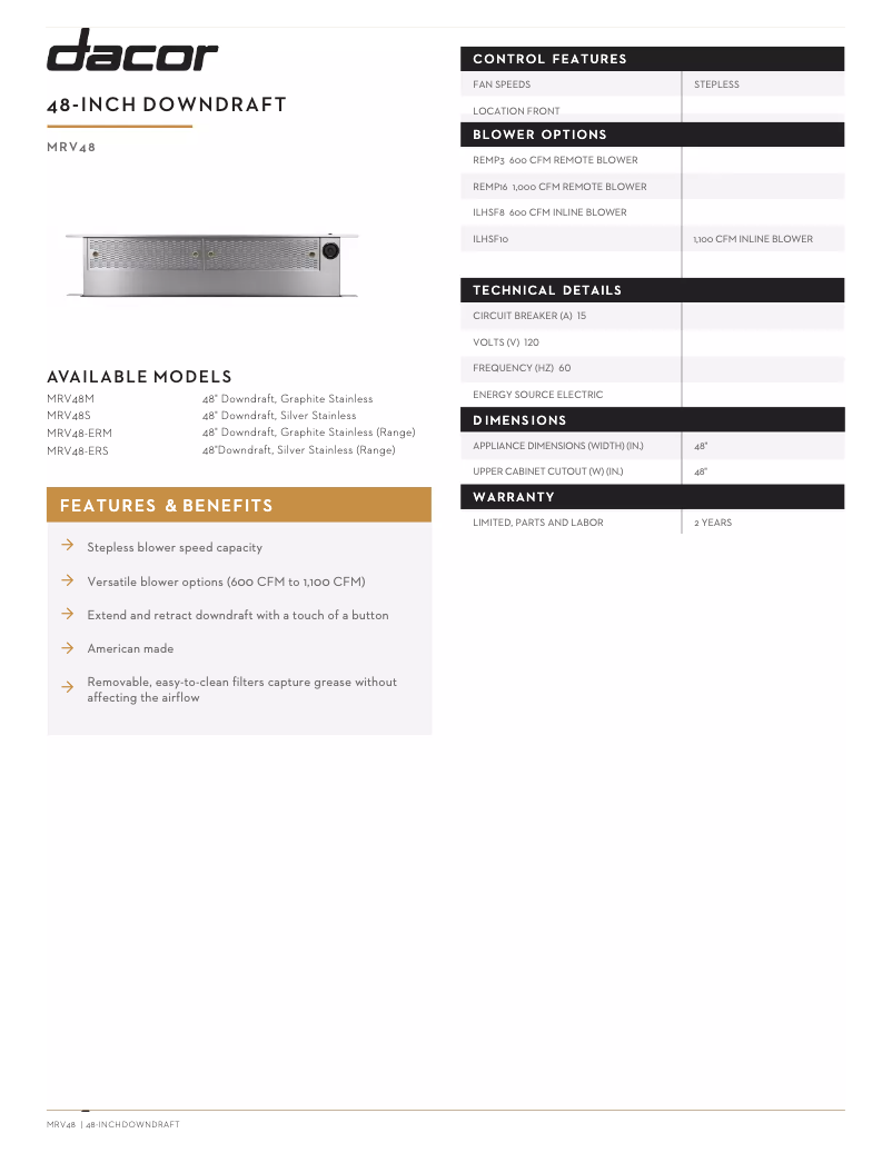 Page n°1 - Fiche technique Dacor MRV48ERM