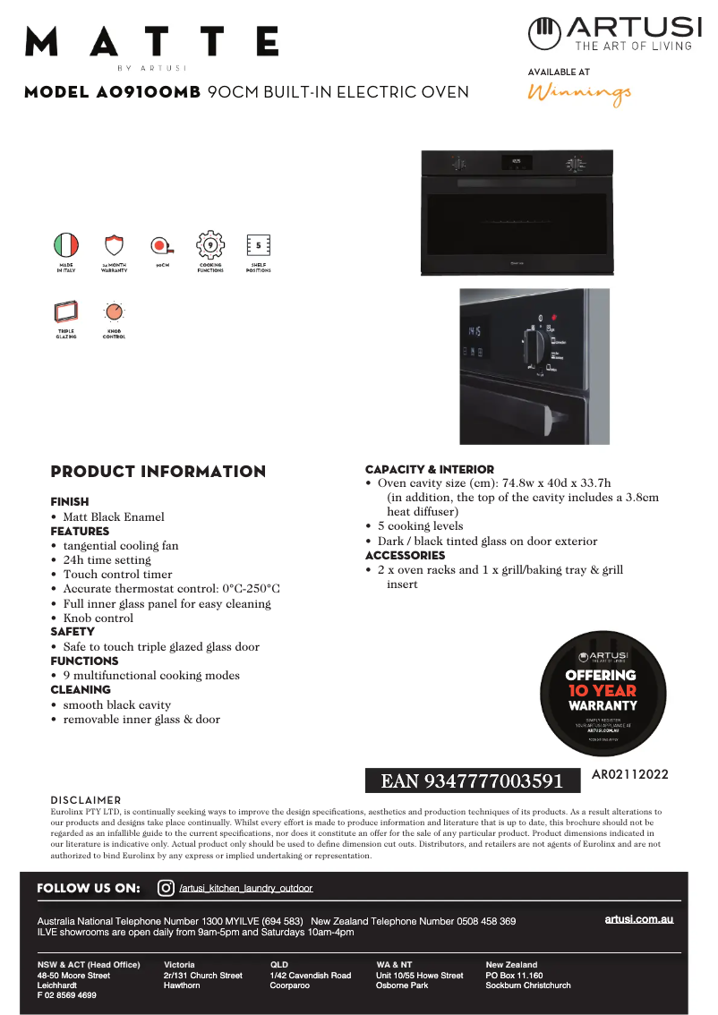 Page 1 de la notice Fiche technique Artusi AO9100MB