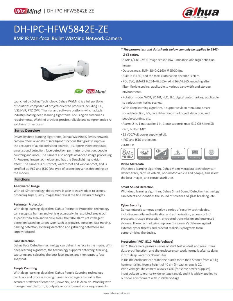 Page 1 de la notice Fiche technique Dahua Technology IPC-HFW5842E-ZE