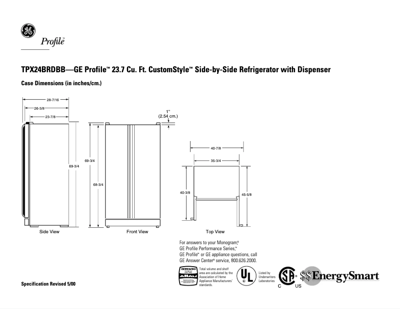 Page n°1 - Fiche technique GE Profile CustomStyle TPX24BRDBB