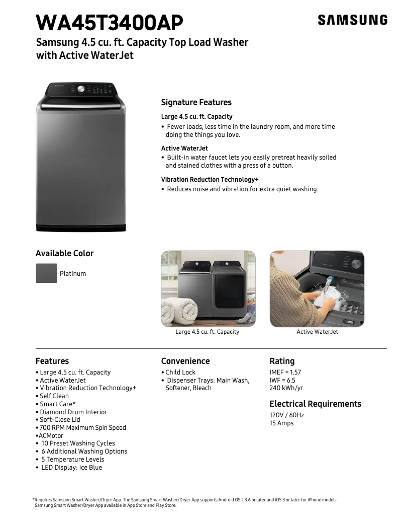 Page n°1 - Fiche technique Samsung WA45T3400AP