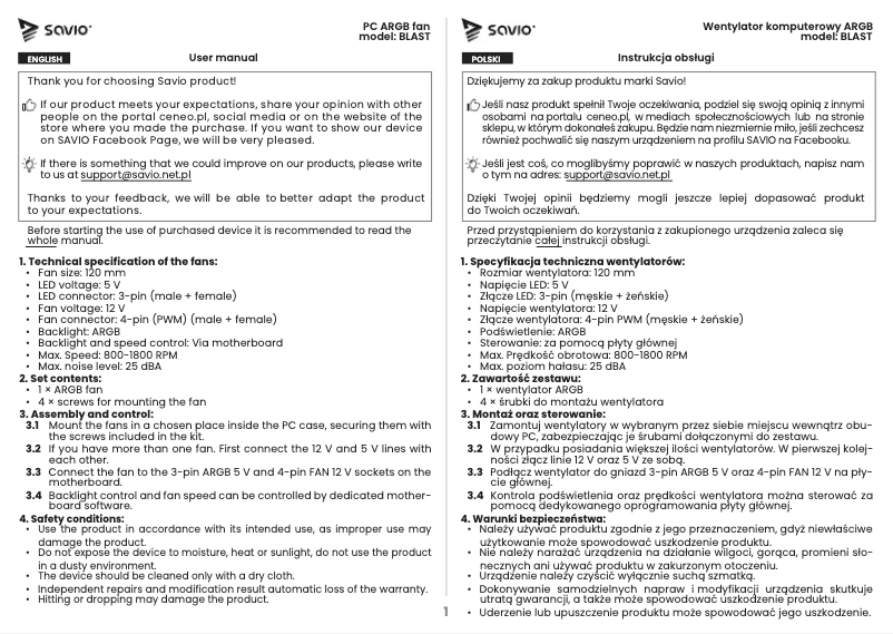 Page 1 de la notice Manuel utilisateur Savio Blast