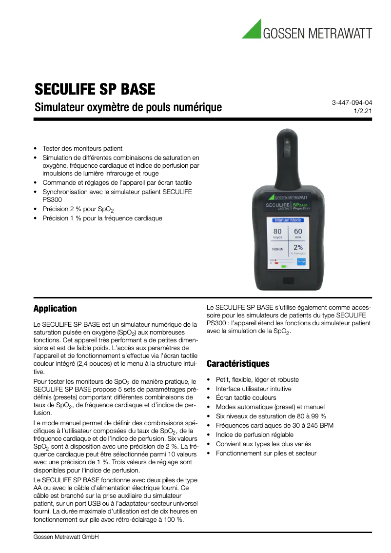 Page 1 de la notice Fiche technique Gossen Metrawatt SECULIFE SP BASE