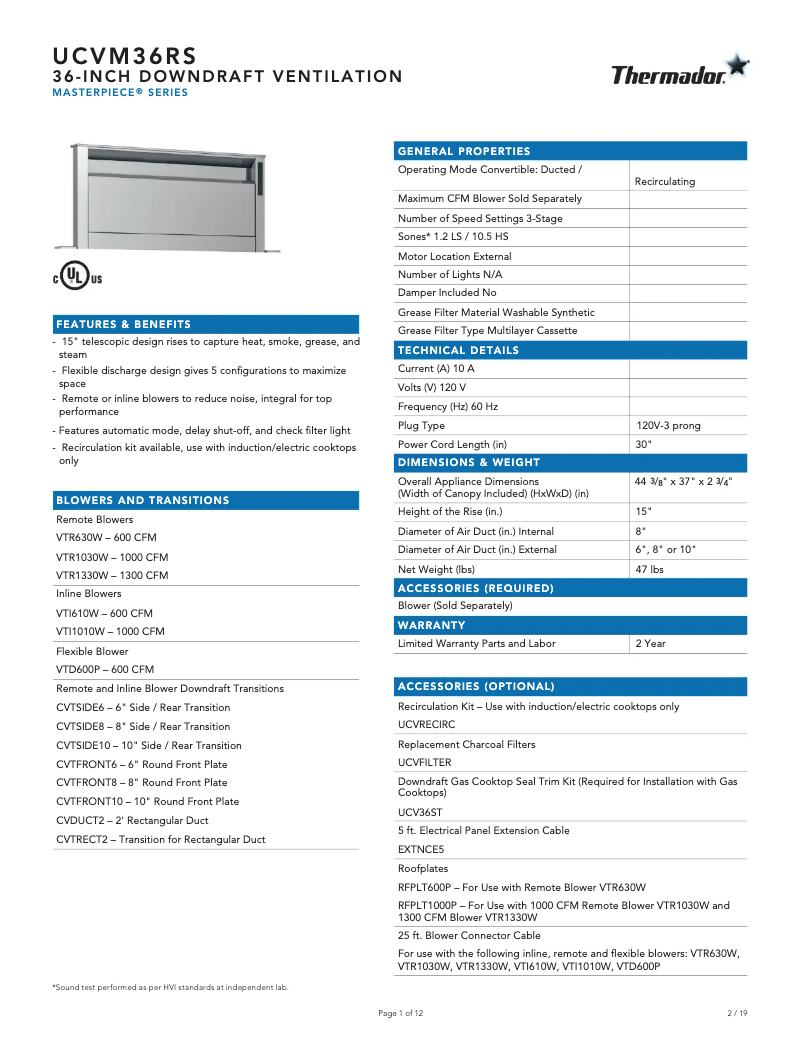 Página 1 del manual Ficha técnica Thermador UCVM36RS