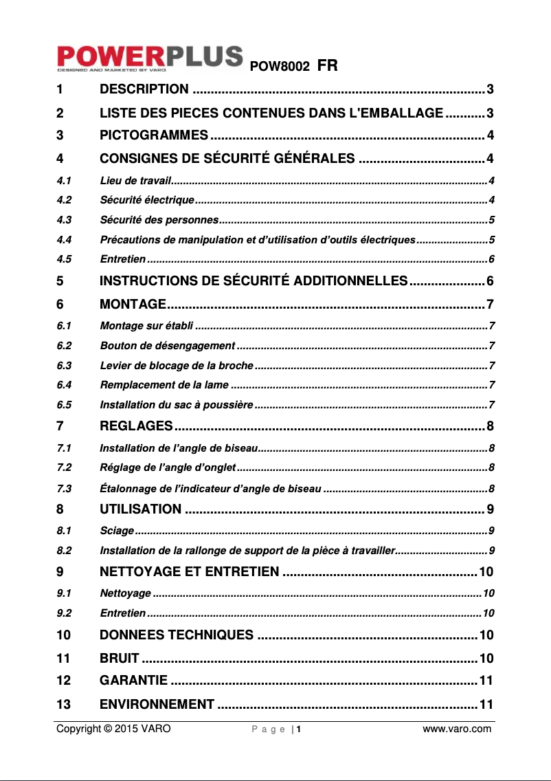 Page 1 de la notice Manuel utilisateur PowerPlus POW8002