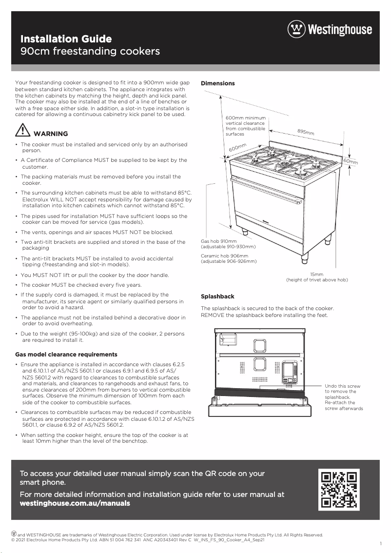 Page 1 de la notice Guide d'installation Westinghouse WFE916DSD