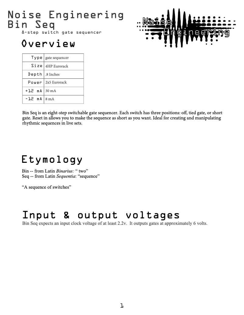 Page n°1 - Manuel utilisateur Noise Engineering Bin Seq