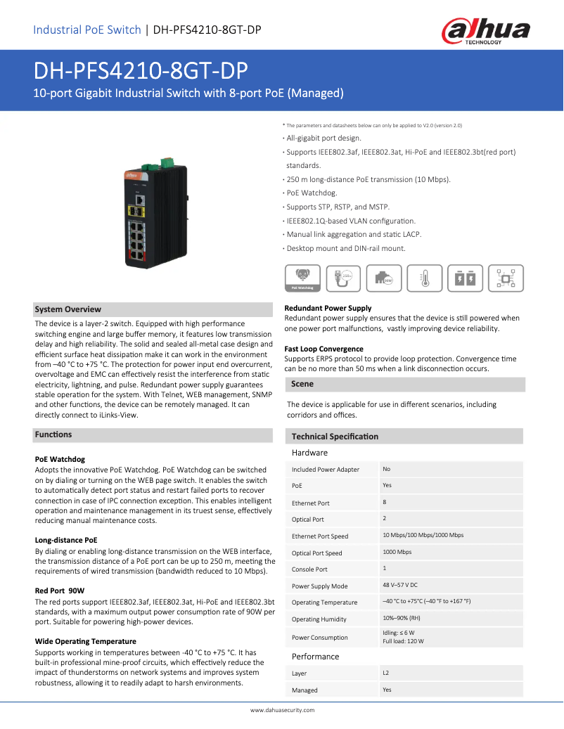 Page 1 de la notice Fiche technique Dahua Technology PFS4210-8GT-DP
