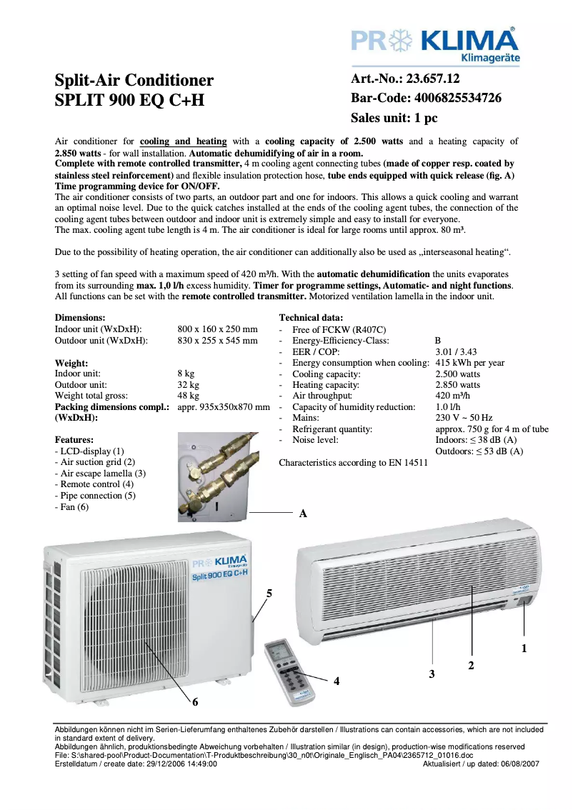 Page 1 de la notice Fiche technique Proklima Split 900 EQ C+H