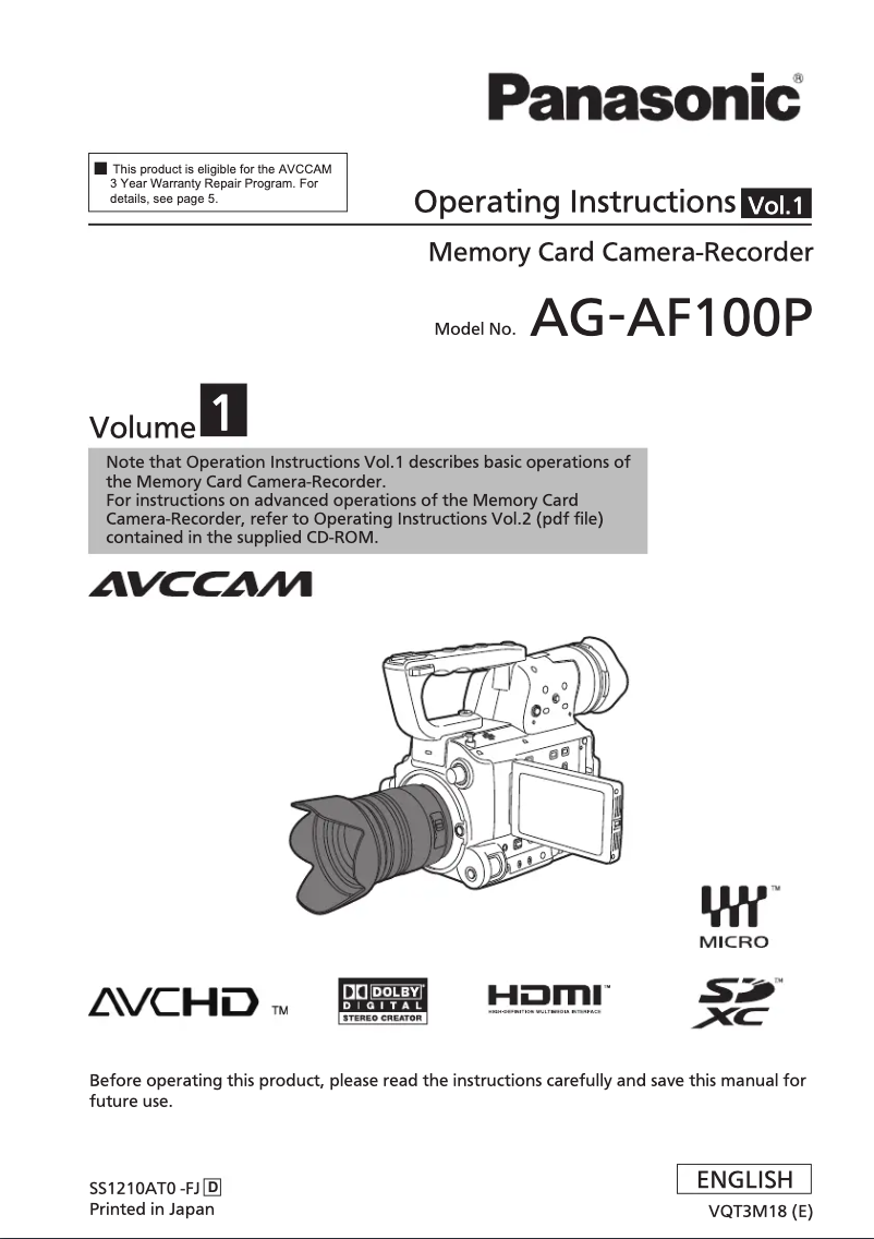 Page 1 de la notice Manuel utilisateur Panasonic AG-AF100P