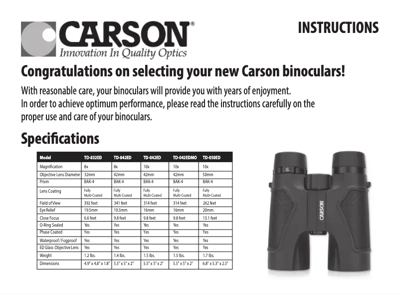 Page 1 de la notice Manuel utilisateur Carson 3D Series TD-842ED