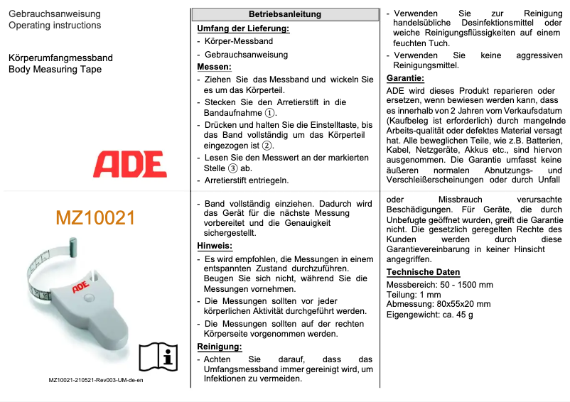 Page n°1 - Manuel utilisateur ADE MZ10021