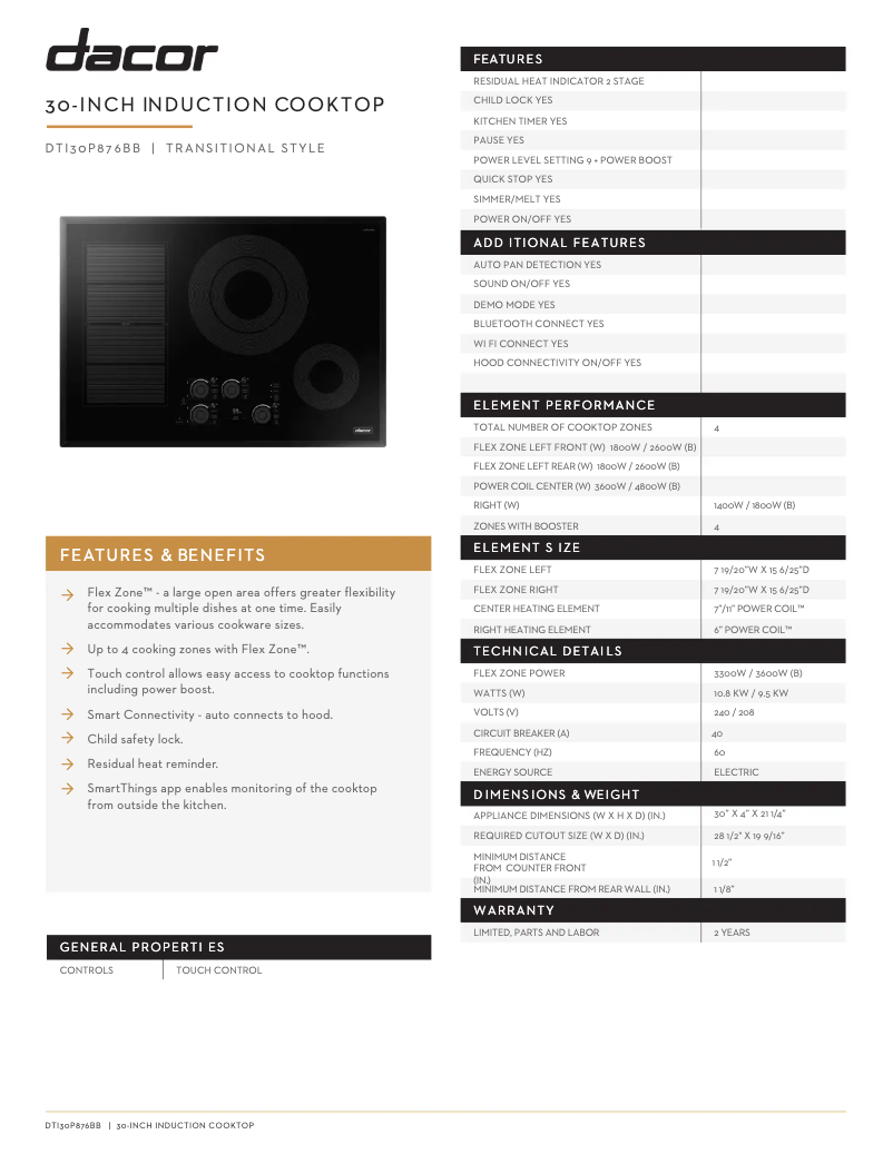Page 1 de la notice Fiche technique Dacor DTI30P876BB