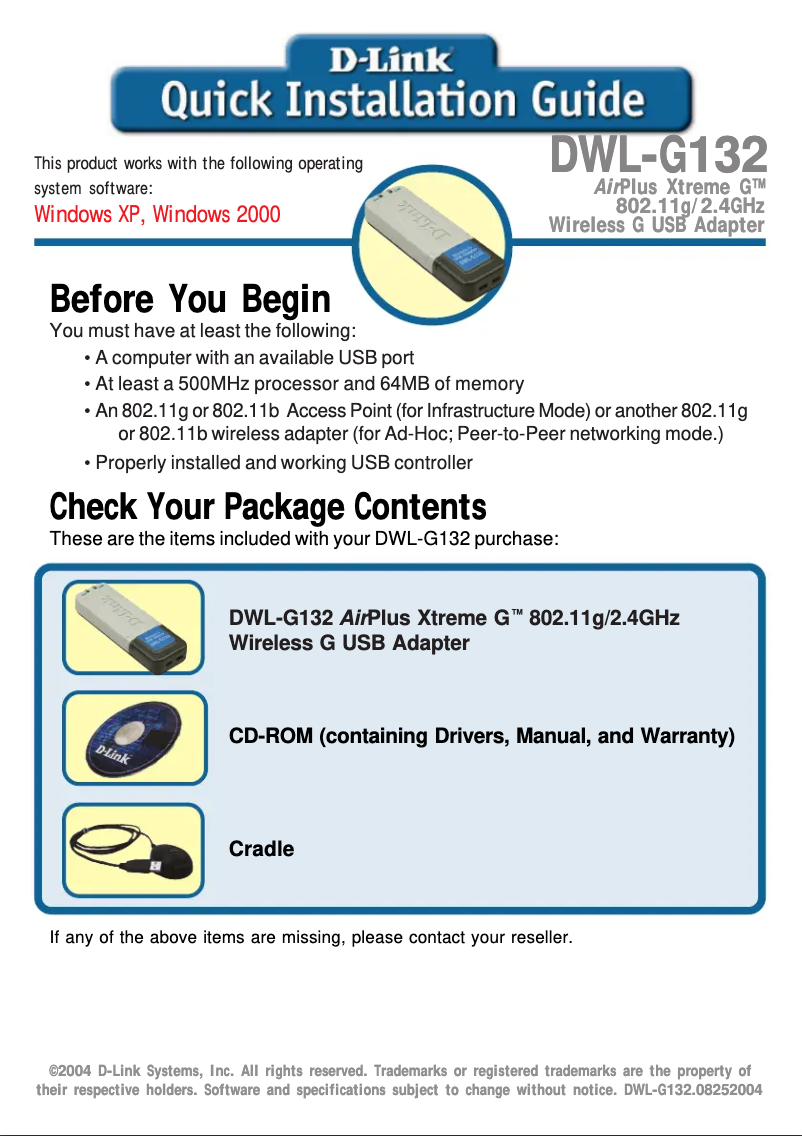 Page n°1 - Guide d'installation D-Link DWL-G132