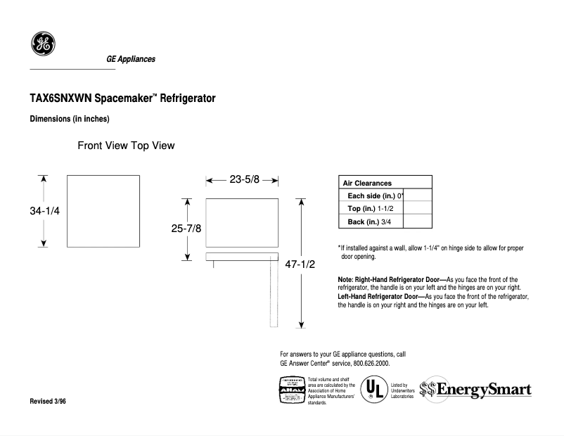 Page 1 de la notice Fiche technique GE TAX6SNXWN