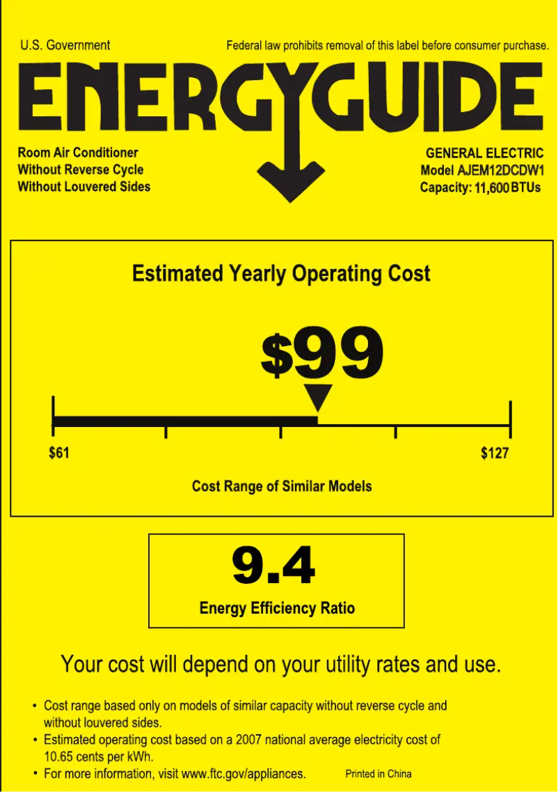 Page 1 de la notice Label énergétique GE AJEM12DCD