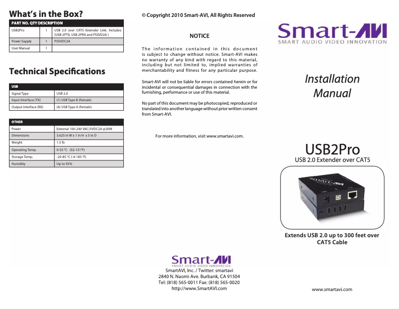 Page 1 de la notice Manuel utilisateur Smart-AVI USB2Pro