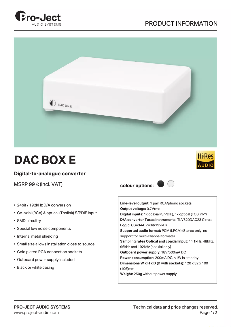 Page 1 de la notice Fiche technique Pro-Ject DAC Box E