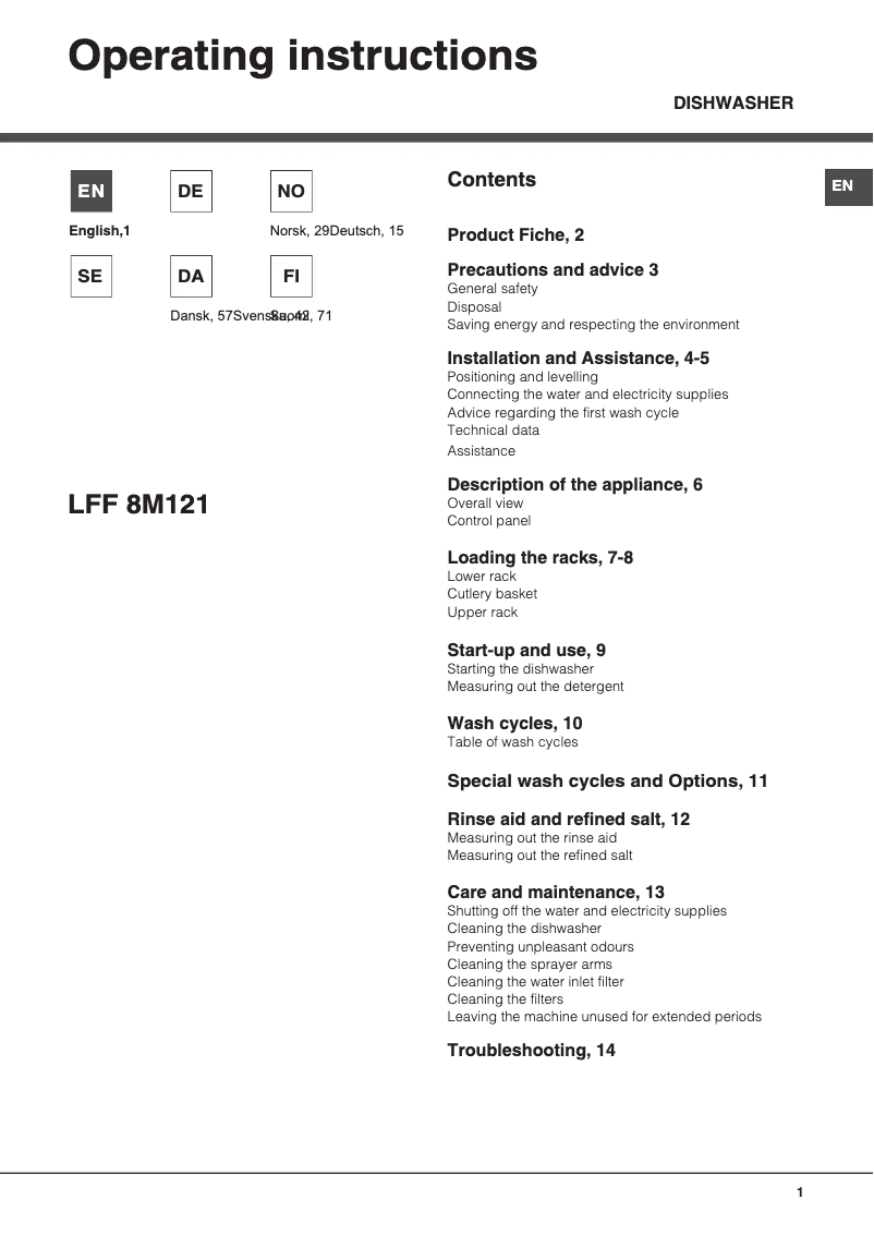 Page 1 de la notice Manuel utilisateur Hotpoint Ariston LFF 8M121 C DE/SK