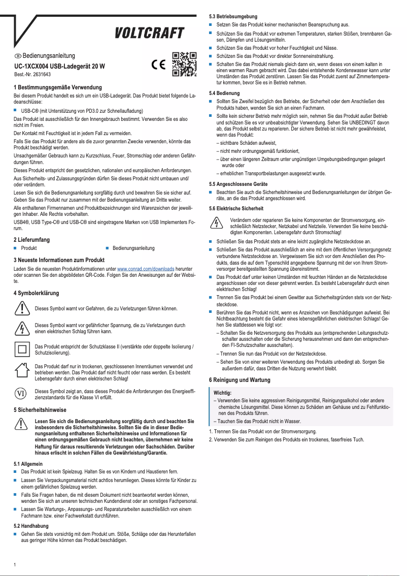 Page 1 de la notice Manuel utilisateur Voltcraft UC-1XCX004