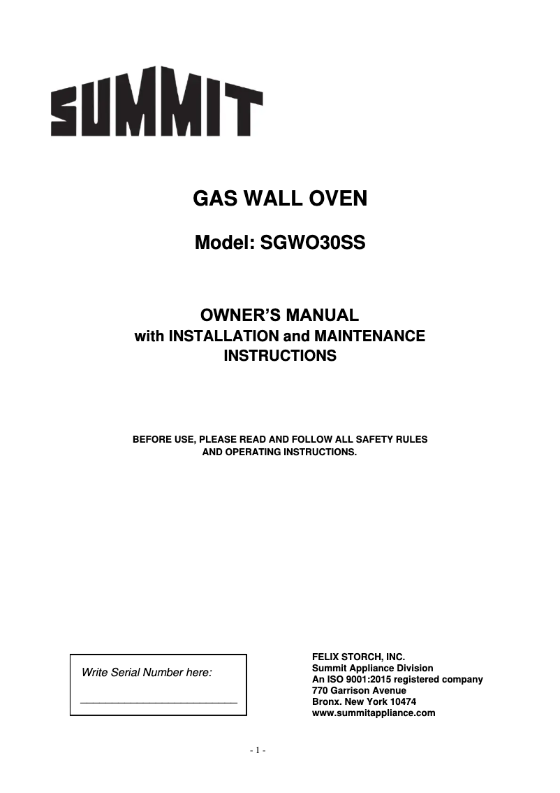 Page 1 de la notice Manuel utilisateur Summit SGWO30SS