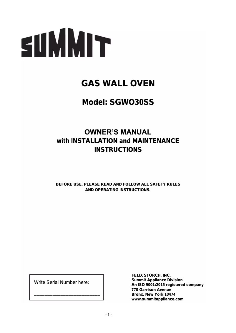 Page n°1 - Manuel utilisateur Summit SGWO30SS