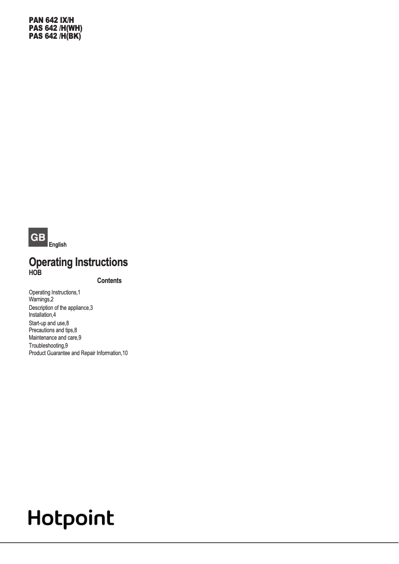 Page n°1 - Manuel utilisateur Hotpoint PAN 642 IX/H