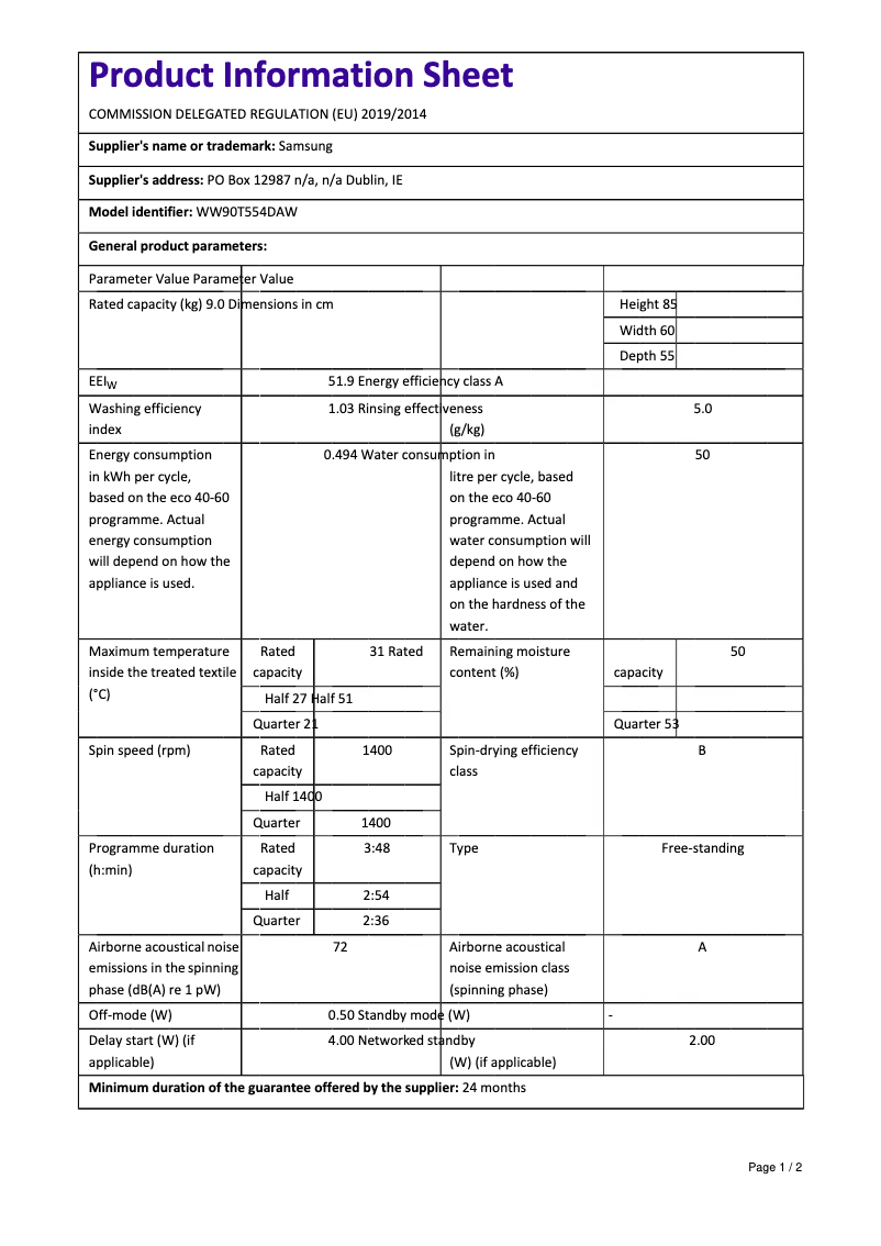 Page n°1 - Fiche technique Samsung WW90T554DAW