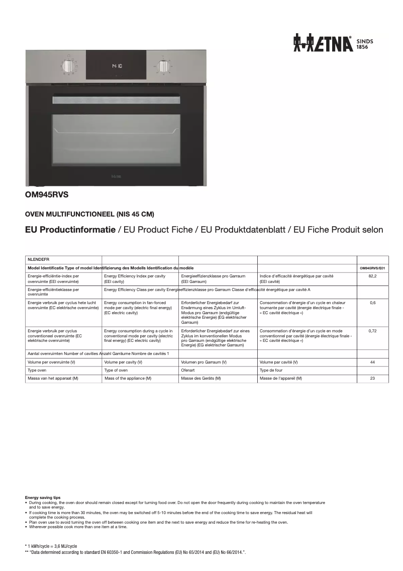 Page 1 de la notice Fiche technique Etna OM945RVS