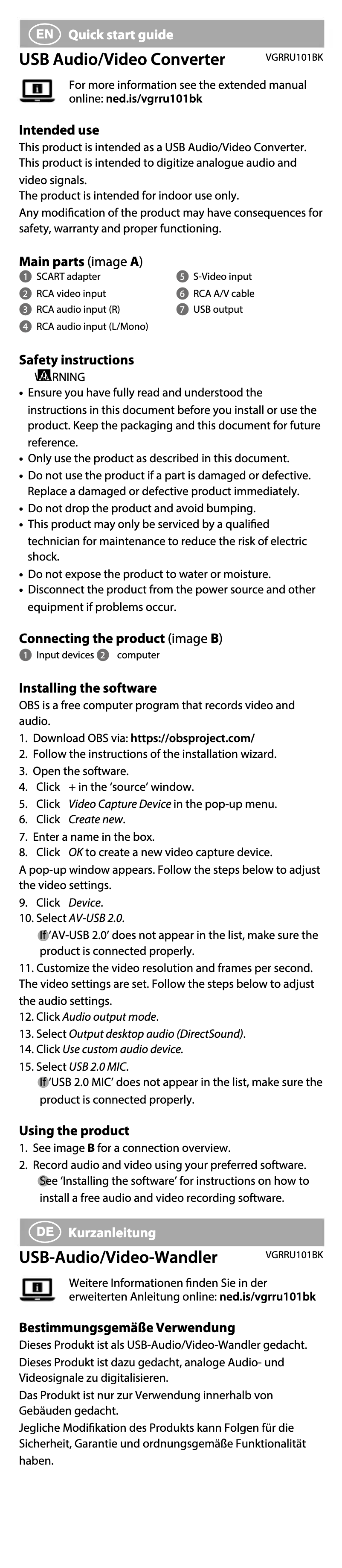 Page n°1 - Manuel utilisateur Nedis VGRRU101BK