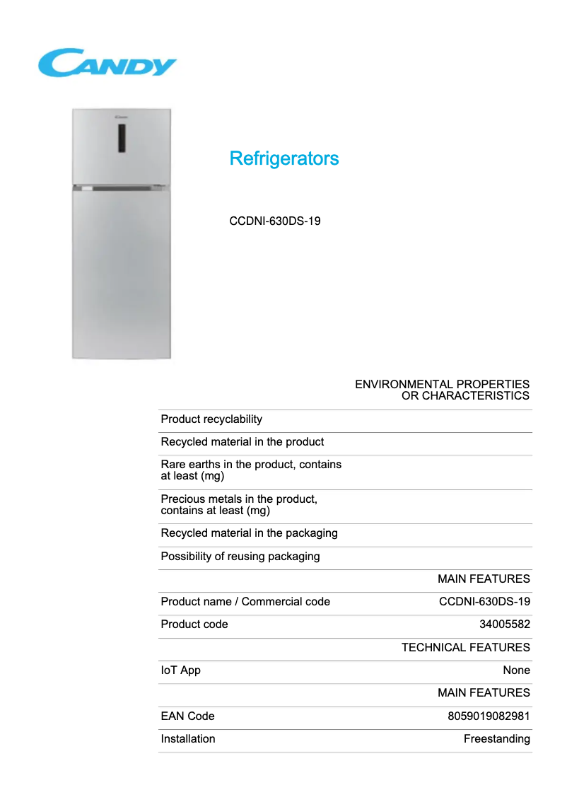 Page 1 de la notice Fiche technique Candy CCDNI-630DS-19