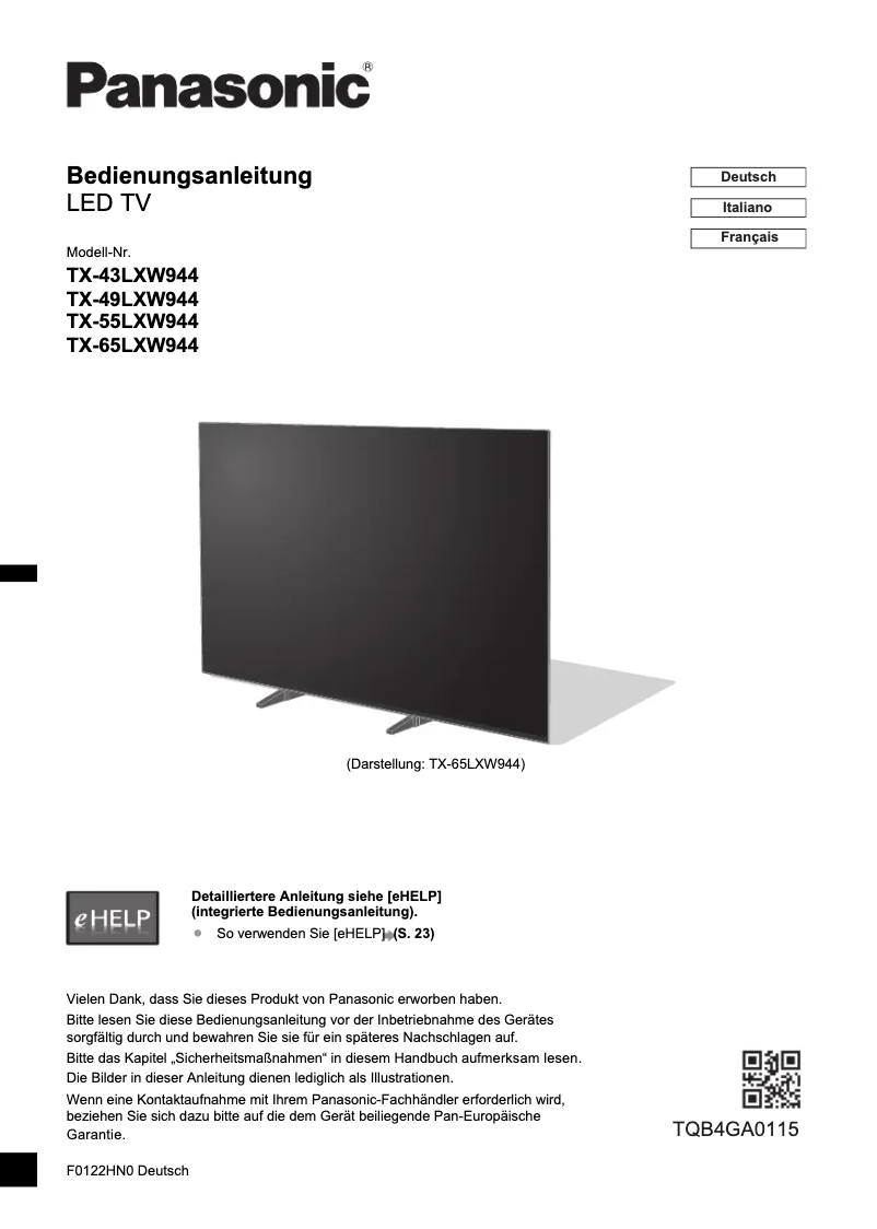 Página 1 del manual Guía de inicio rápido Panasonic TX-49LXW944