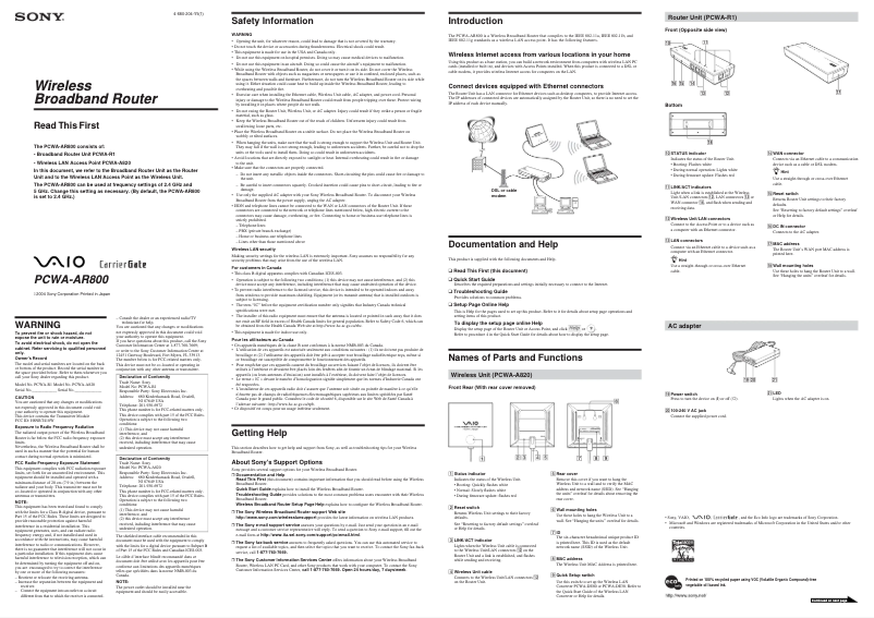 Page n°1 - Guide d'installation Sony PCWA-AR800
