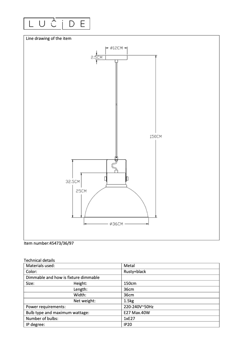 Page 1 de la notice Manuel utilisateur Lucide Damian 45473/36/97