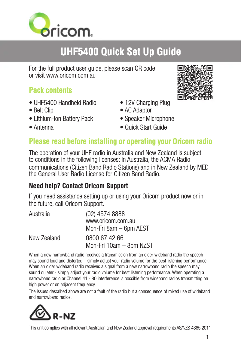 Page 1 de la notice Guide de démarrage rapide Oricom UHF5400