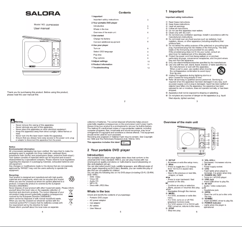 Page n°1 - Manuel utilisateur Salora DVP9038SW