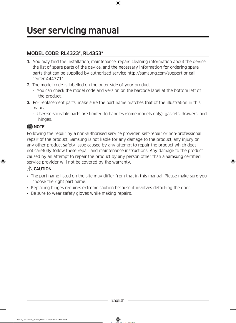 Page 1 de la notice Manuel utilisateur Samsung RL4323RBASP