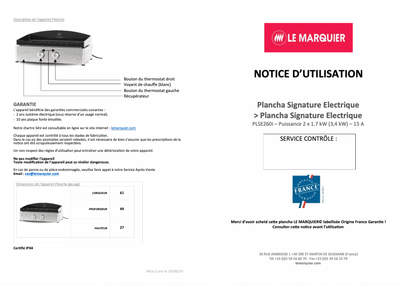 Page 1 de la notice Manuel utilisateur Le Marquier PLSE260i