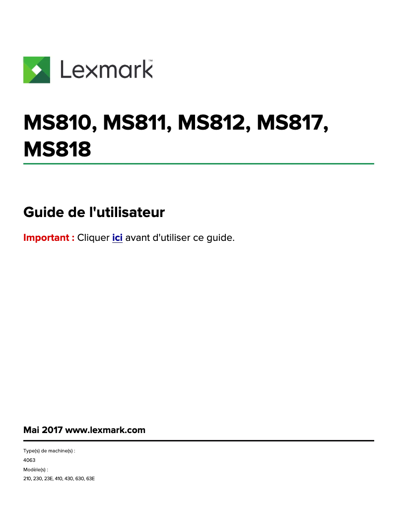 Page 1 de la notice Manuel utilisateur Lexmark MS817