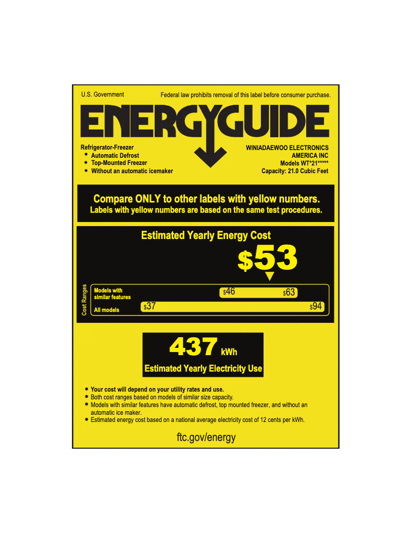Page 1 de la notice Label énergétique Winia WTE21GSBCD