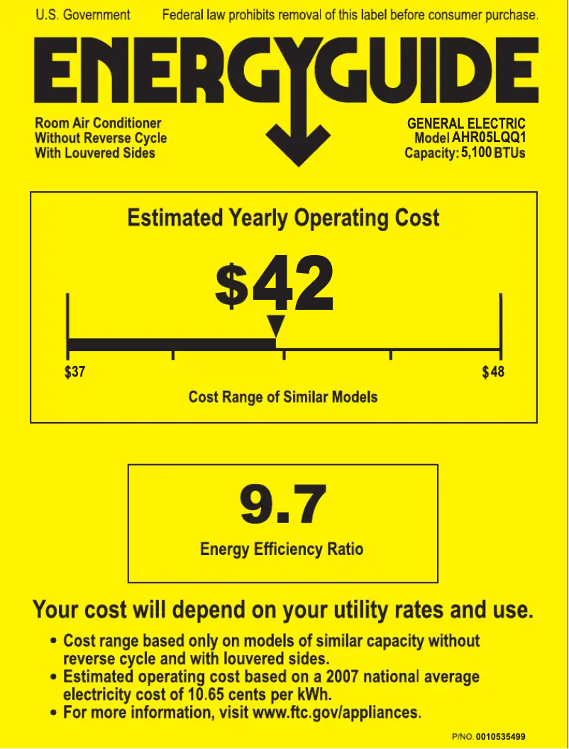Page 1 de la notice Label énergétique GE AHR05LQ