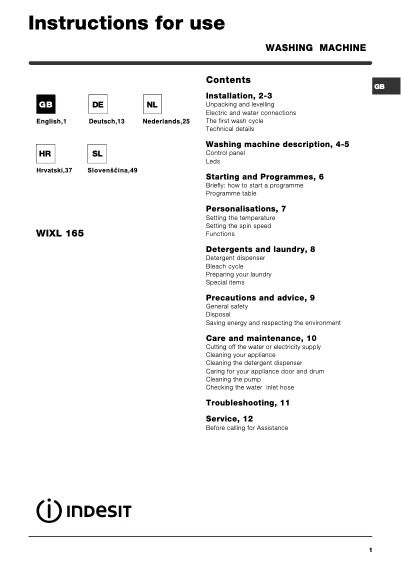Page 1 de la notice Manuel utilisateur Indesit WIXL 165 (EX)