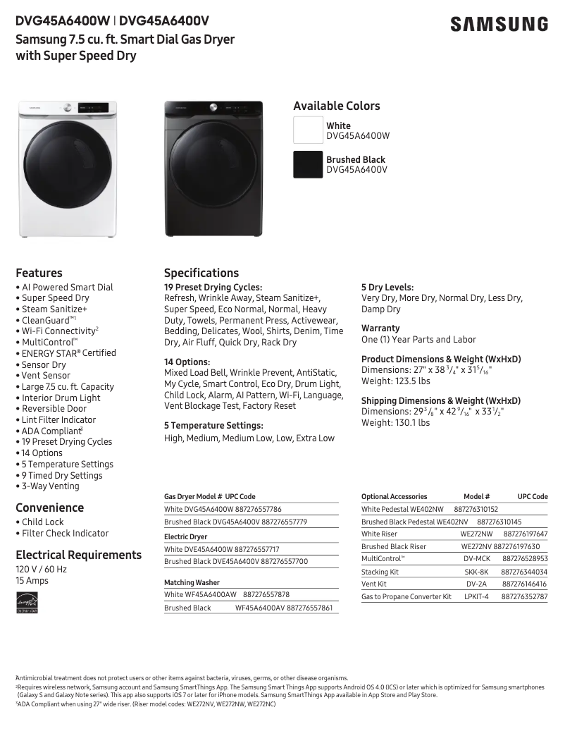Page 1 de la notice Fiche technique Samsung DVG45A6400W