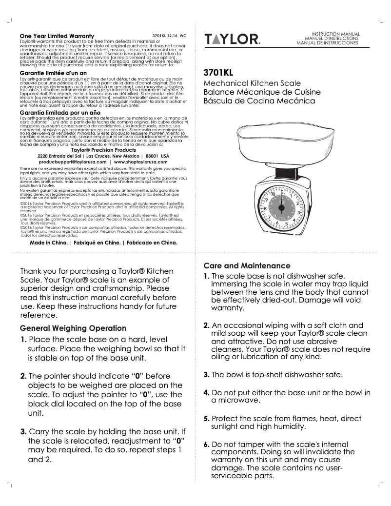 Page 1 de la notice Manuel utilisateur Taylor 3701KL