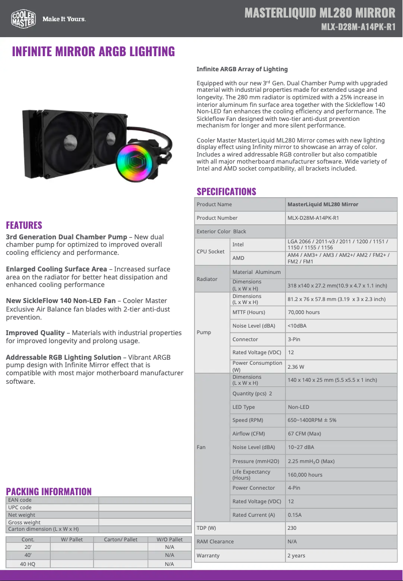 Page 1 de la notice Manuel utilisateur Cooler Master MasterLiquid ML280 Mirror