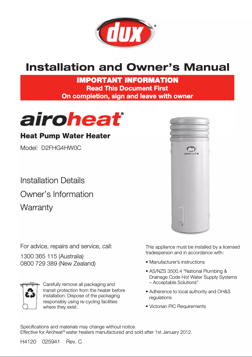 Image de la première page du manuel de l'appareil Airoheat D2FH00000C